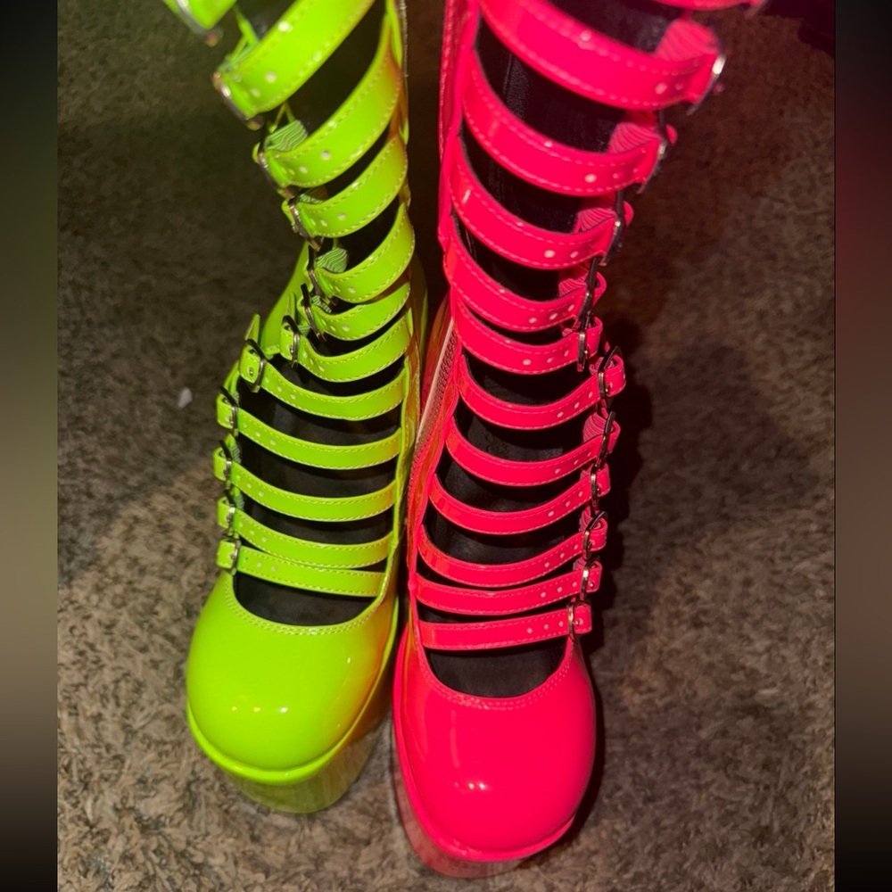 Neon pink / green mismatched strappy platform heels